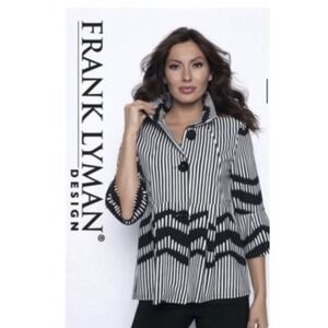 Frank Lyman Design Canada Jacket US 12 Black White Blazer Coat Chevron Striped
